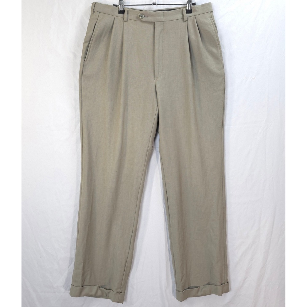 Pierre Cardin Worsted Wool Dress Pants Men‎ 34x32 Beige Pleated Cuffed Classic